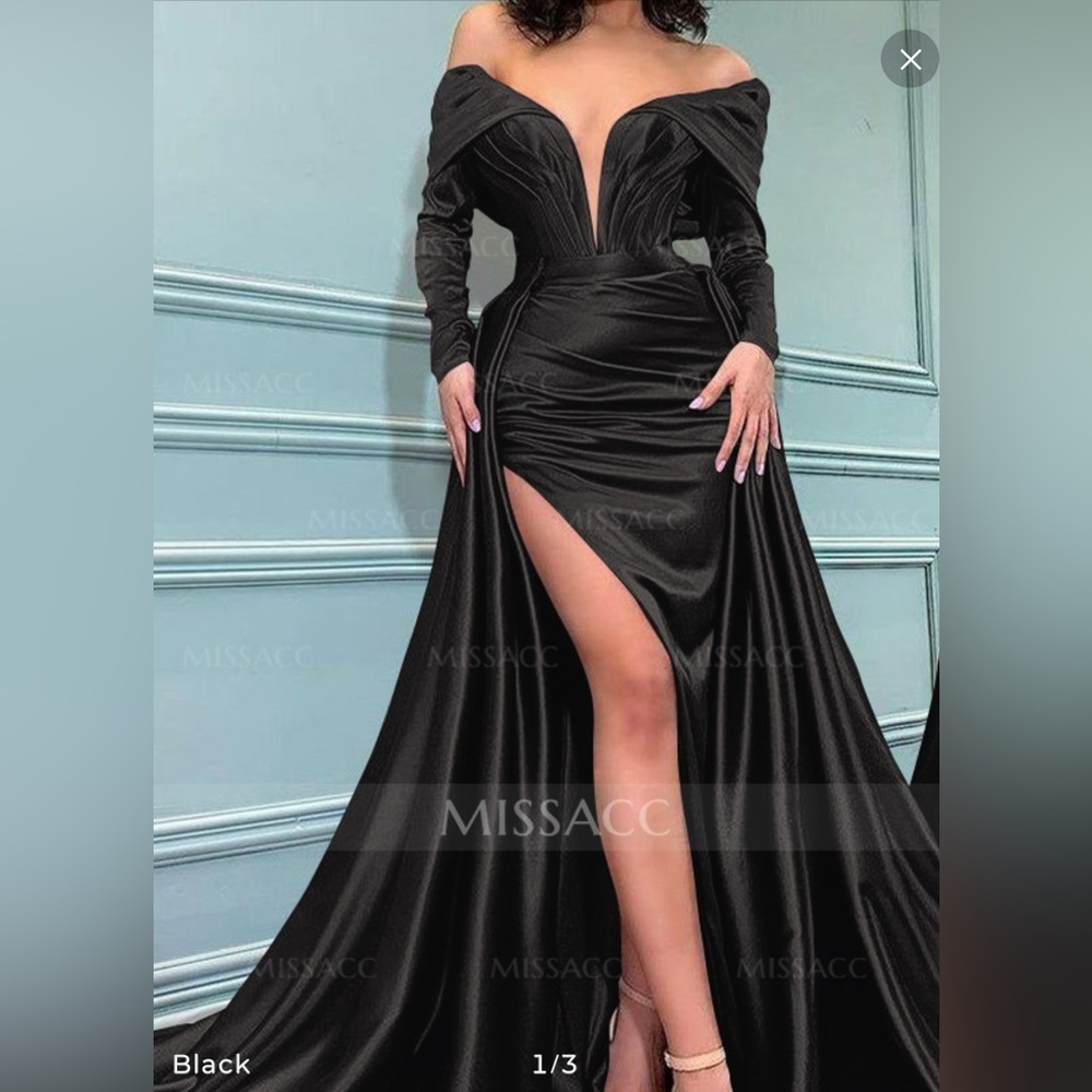 NWT Missacc Off-The-Shoulder Long Sleeves Satin Dress With Split Front